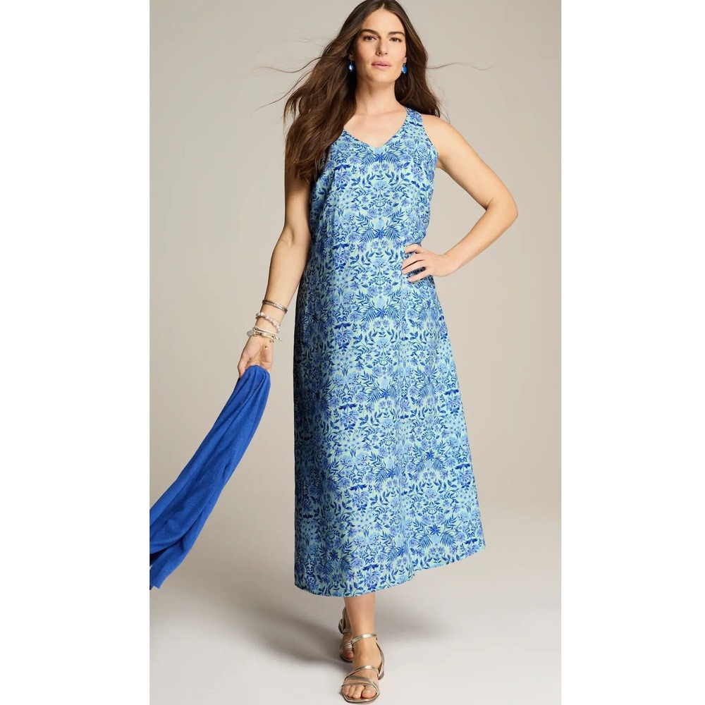 J Jill Love Linen Maxi Dress Women XS Blue White Linen Floral Lagenlook Boho